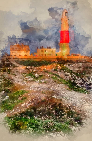 Digitale Aquarel Schilderij Van Oude Vuurtoren Gebaad Het Zonlicht Tijdens — Stockfoto