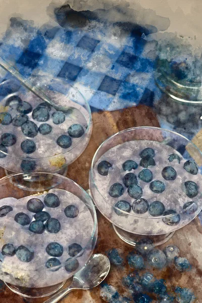 Digitales Aquarell Von Frischen Blaubeeren Mit Vanille Joghurt Frühstück — Stockfoto
