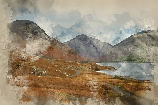 Цифровий Акварельний Живопис Пейзажного Зображення Водойї Гір Озері Осінь Англії — стокове фото