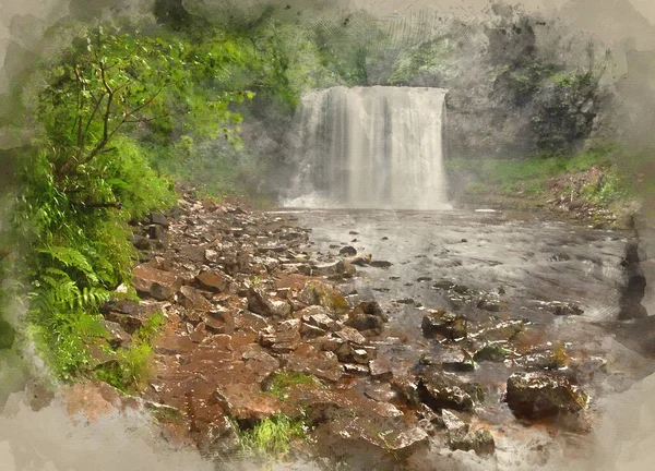 Digitális Akvarell Festmény Gyönyörű Képet Vízesés Erdőben Stram Buja Zöld — Stock Fotó