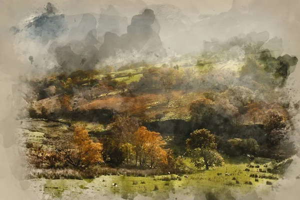 見事な霧のデジタル水彩画秋の日の出イギリスのレイク地区の田舎の風景画像 — ストック写真