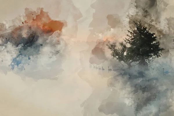 Digital Watercolor Painting Family Swans Swim Misty Foggy Autumn Fall — Stock Photo, Image