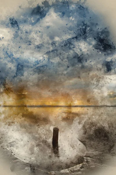 ローズリベイビーチの砂から突き出た古いグラインと風景のデジタル水彩画 — ストック写真