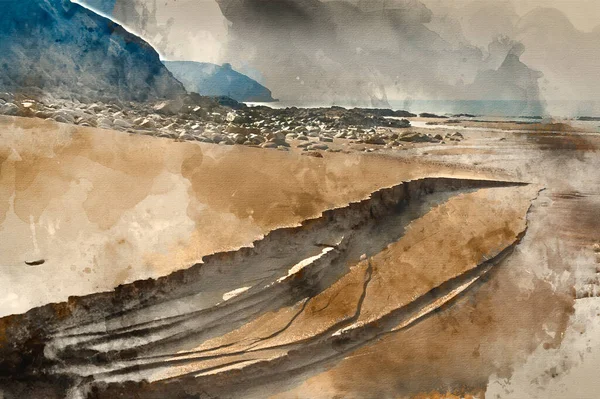 Digital Akvarell Målning Expanse Gyllene Stranden Vid Praa Sands Cornwall — Stockfoto