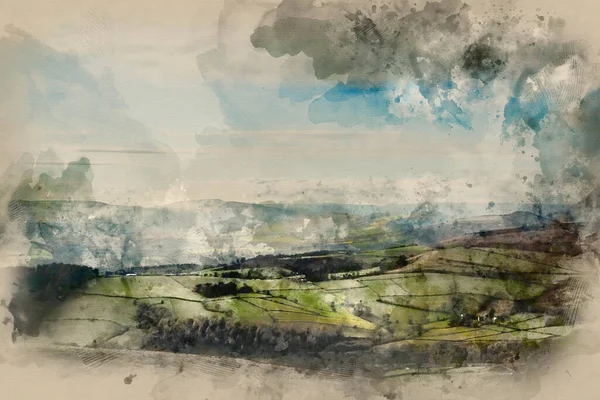 Digitale Aquarellmalerei Von Atemberaubender Herbstlandschaft Des Hope Valley Von Stanage — Stockfoto