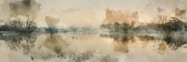 霧の中で湖の美しい静かな風景のパノラマの水彩画 — ストック写真