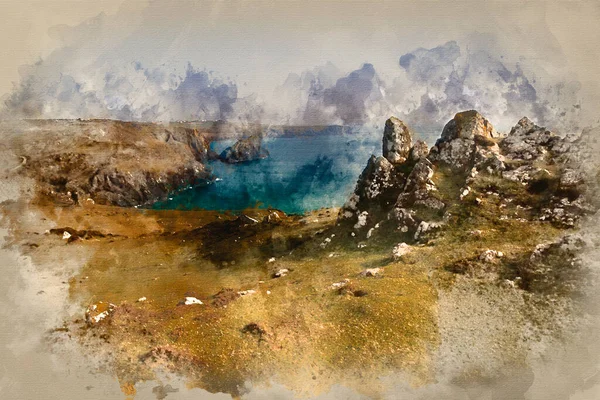 Pintura Aquarela Penhascos Kynance Cove Olhando Através Baía — Fotografia de Stock