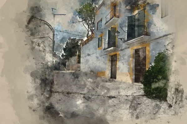 Aquarela Pintura Mediterrâneo Beco Caminho Entre Casas Antigas Edifícios — Fotografia de Stock