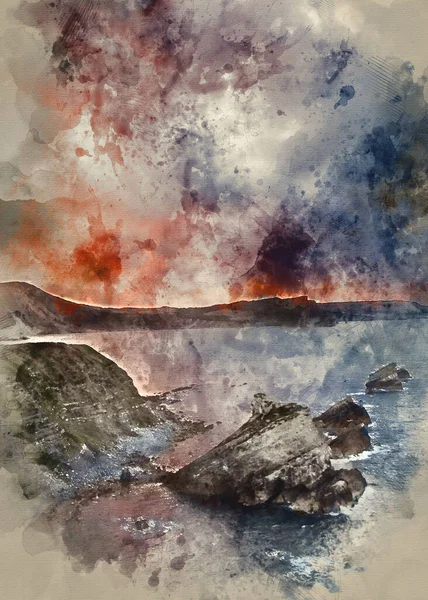 Digital Watercolor Painting Beautiful Sunrise Landscape Mupe Bay Jurassic Coast — Stock Photo, Image