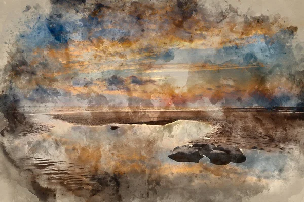 Зображення Аквареллю Дивовижного Ландшафту Заходу Сонця Над Затокою Данравен Уельс — стокове фото