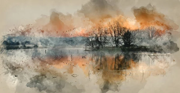Цифровая Акварельная Живопись Красивый Спокойный Пейзаж Озера Тумане — стоковое фото