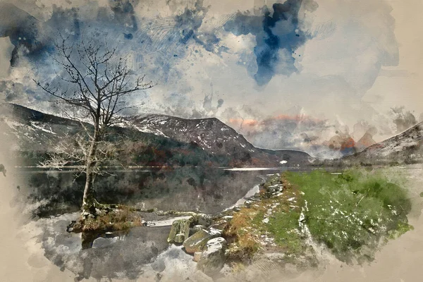Digitale Aquarellmalerei Der Schönen Landschaft Des Sonnenaufgangs Winter Von Llyn — Stockfoto