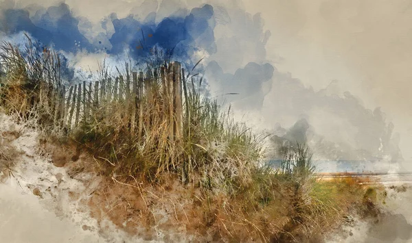 黄沙金沙滩上沙丘系统日出的数字水彩画 — 图库照片