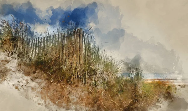 Aquarelle Numérique Superbe Lever Soleil Sur Système Dunes Sable Jaune — Photo