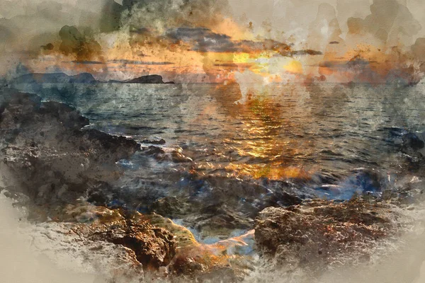 Aquarelle Numérique Beau Paysage Marin Lever Soleil Sur Littoral Rocheux — Photo