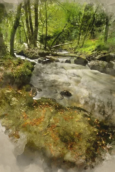 Digitale Aquarellmalerei Der Atemberaubenden Landschaft Des Flusses Fließt Durch Üppigen — Stockfoto