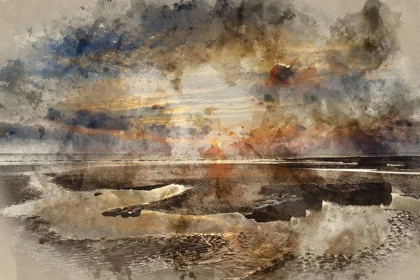 Galler Deki Dunraven Körfezi Üzerindeki Çarpıcı Günbatımı Manzarasının Dijital Suluboya — Stok fotoğraf