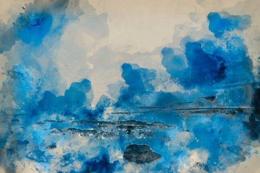 Gün doğumunda kayalıklarla alçak gelgit sahilinin güzel manzarasının dijital suluboya resmi