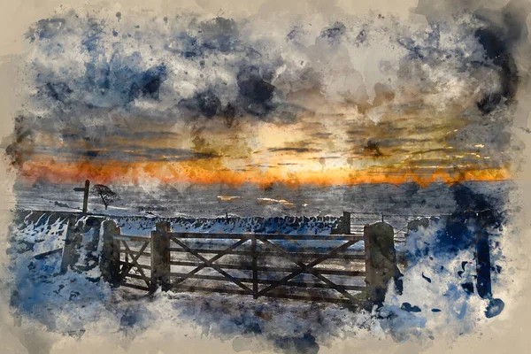Digital Watercolor Painting Dusk Winter Landscape Snow Covered Countryside Landscape — Stock Photo, Image
