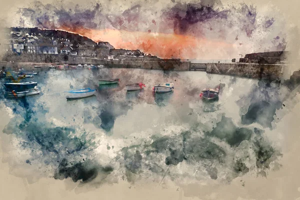 Digitale Aquarellmalerei Von Mousehole Harbour Einem Traditionellen Fischerdorf Vor Sonnenaufgang — Stockfoto