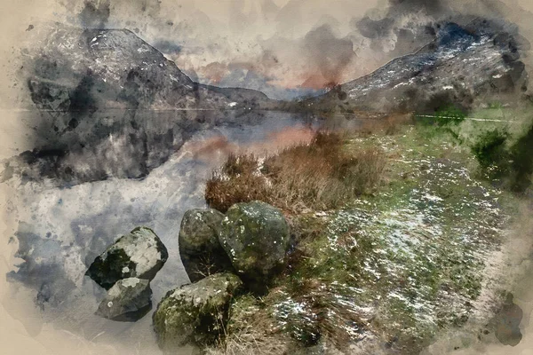 Digitální Akvarel Obraz Krásné Krajiny Východ Slunce Zimě Llyn Cwellyn — Stock fotografie