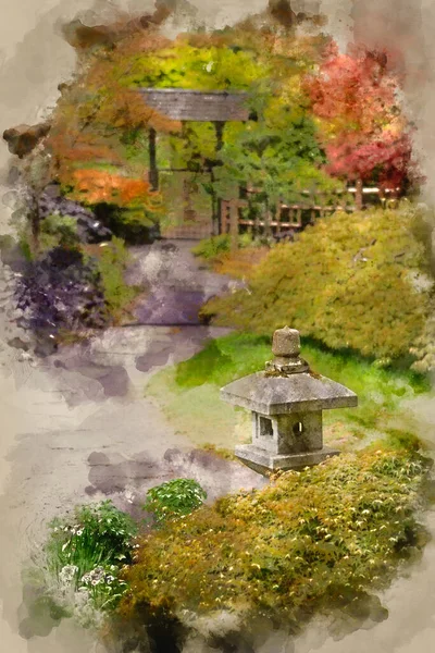 Pintura Aquarela Digital Paisagem Japonesa Jardim Zen — Fotografia de Stock