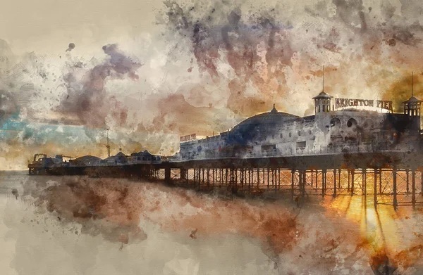 Digitale Aquarel Schilderij Van Winter Zonsondergang Landschap Brighton Victoriaanse Pier — Stockfoto