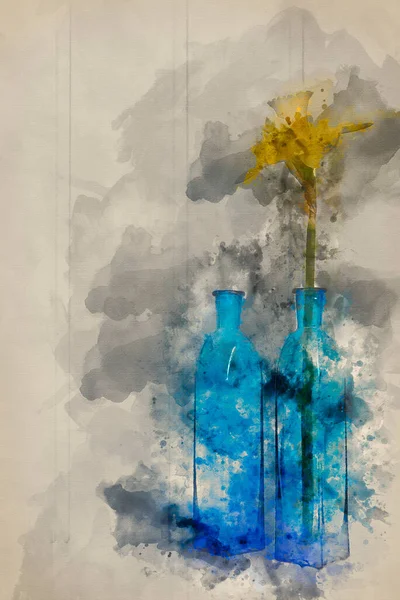 Digital Akvarell Målning Vackra Våren Blomma Stilleben Med Trä Bakgrund — Stockfoto