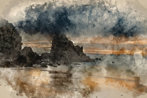 Aquarelle Numérique Belle Image Paysage Lever Soleil Baie Barafundle Sur — Photo