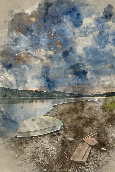 Digital Watercolor Painting Summer Sunset Lake Landscape Leisure Boats Shore — Stock Photo, Image