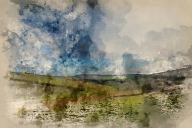 Yeşil tepeler boyunca uzanan güzel İngiliz kırsalının dijital suluboya tablosu