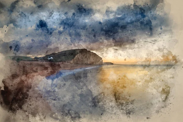 Цифровая Акварельная Картина Пейзажа Восходящего Солнца Уэст Бэй Дорсет Англии — стоковое фото