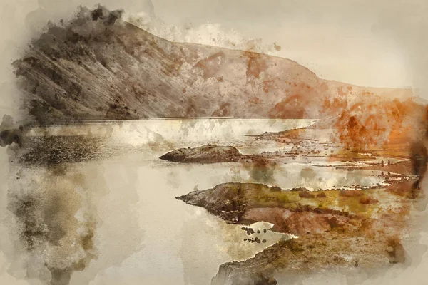 Digitale Aquarellmalerei Von Atemberaubenden Sonnenuntergang Landschaft Bild Von Abwasser Und — Stockfoto