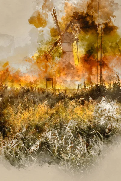 Digitale Aquarellmalerei Von Atemberaubender Landschaft Mit Windmühle Und Fluss Bei — Stockfoto