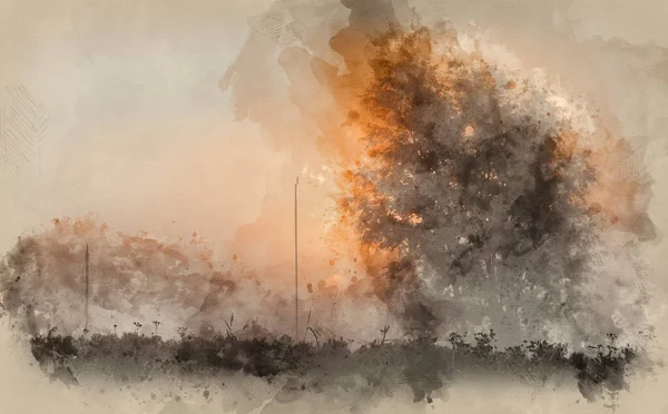 田舎の風景の中に霧の川の上に美しい日の出の輝きのデジタル水彩画 — ストック写真