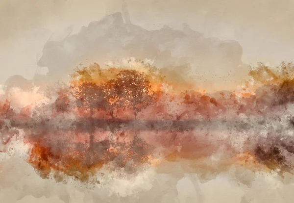 Digital Watercolour Painting Stunning Foggyautumn Sunrise Russian Countryside Landscape Image — стоковое фото