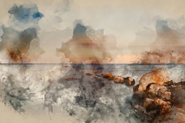 Pintura Aquarela Digital Paisagem Beautfiul Mar Sobre Rochas Pôr Sol — Fotografia de Stock