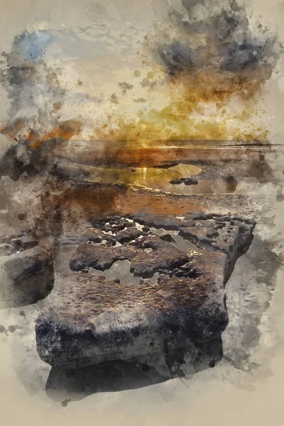 Digitální Akvarel Ohromující Krajiny Západu Slunce Nad Dunraven Bay Walesu — Stock fotografie