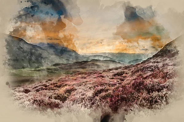 Digitální Akvarel Malba Ohromující Východ Slunce Horské Krajiny Zářivými Barvami — Stock fotografie