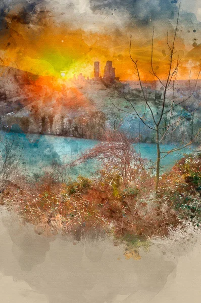 Digital Watercolour Painting Winter Sunrise Corfe Castle — Stock Photo, Image