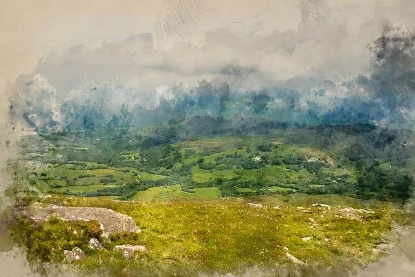 Digital Watercolour Painting View Cadair Idris Looking North Dolgellau Fields — Stock Photo, Image