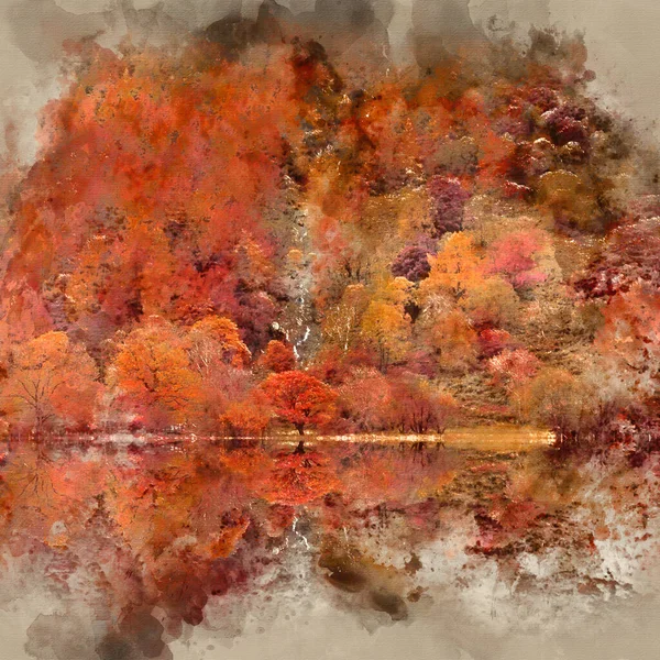 Digital Watercolour Painting Stunning Autumn Fall Landscape Image Lake Buttermere — Stock Photo, Image