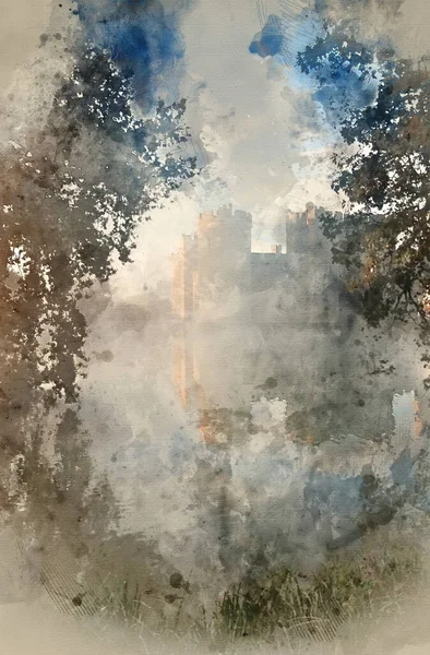 美しい中世の城と堀のデジタル水彩画城の背後にある堀と日光の霧と日の出の堀 — ストック写真