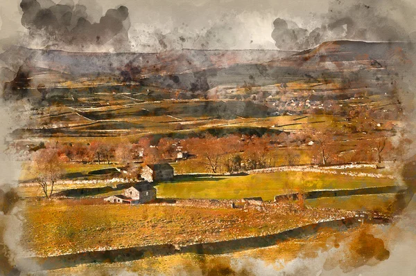 ヨークシャー デールズ国立公園のペン ゲント方面へのアスクリッグ上の眺めのデジタル水彩画 — ストック写真