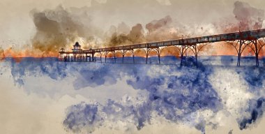 Dijital suluboya resim sersemletici gün batımı üzerinde iskele silueti ile