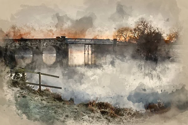 Digitale Aquarel Schilderij Van Winter Zonsopgang Landschap Rivier Velden Bedekt — Stockfoto