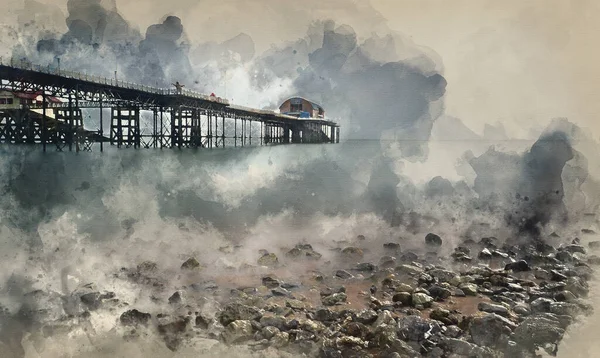 Digitale Aquarellmalerei Des Landschaftsbildes Der Alten Seebrücke Die Sich Bis — Stockfoto