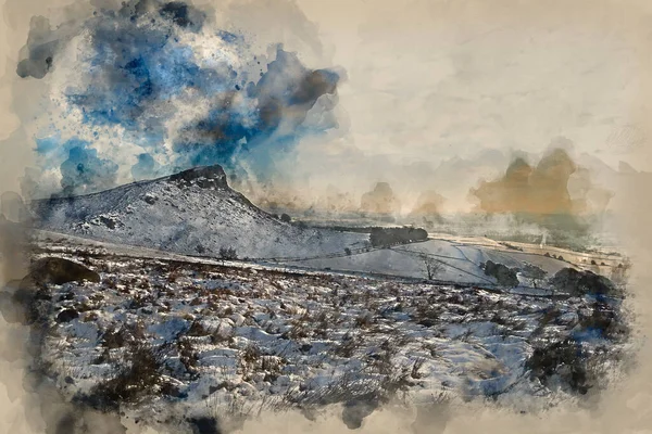 Pintura Aquarela Digital Céu Inverno Sobre Neve Coberta Paisagem Inverno — Fotografia de Stock