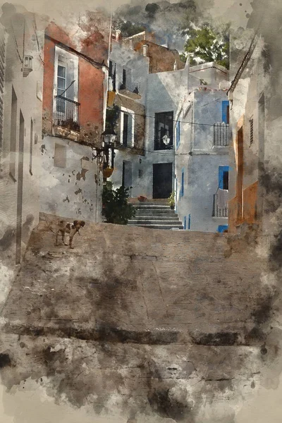 Cyfrowe Malowanie Akwarelami Alei Śródziemnomorskiej Pomiędzy Starymi Domami Budynkami — Zdjęcie stockowe