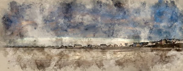 Pintura Digital Acuarela Panorama Paisaje Cielo Tormentoso Sobre Ciudad Costera — Foto de Stock